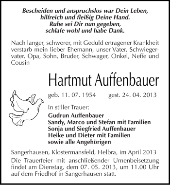 Traueranzeige von Hartmut Auffenbauer von Mitteldeutsche Zeitung Aschersleben