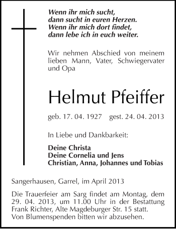 Traueranzeige von Helmut Pfeiffer von Mitteldeutsche Zeitung Sangerhausen