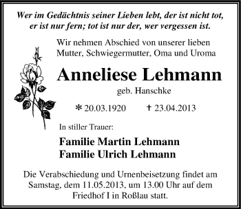 Traueranzeige von Anneliese Lehmann von Mitteldeutsche Zeitung Dessau-Roßlau