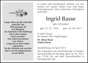 Traueranzeige von Ingrid Basse von Mitteldeutsche Zeitung Quedlinburg