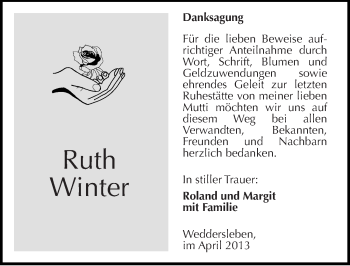 Traueranzeige von Ruth Winter von Mitteldeutsche Zeitung Quedlinburg