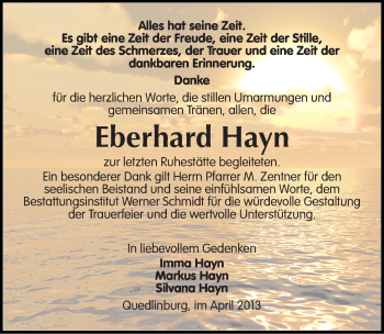 Traueranzeige von Eberhard Hayn von Mitteldeutsche Zeitung Quedlinburg