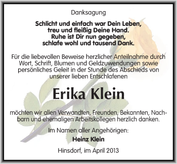 Traueranzeige von Erika Klein von Mitteldeutsche Zeitung Köthen
