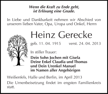 Traueranzeige von Heinz Gerecke von Mitteldeutsche Zeitung Weißenfels
