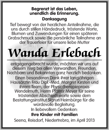 Traueranzeige von Wanda Erlebach von Mitteldeutsche Zeitung Naumburg/Nebra