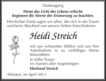 Traueranzeige von Heidi Streich von Mitteldeutsche Zeitung Aschersleben