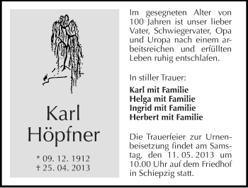 Traueranzeige von Karl Höpfner von Mitteldeutsche Zeitung Halle/Saalkreis
