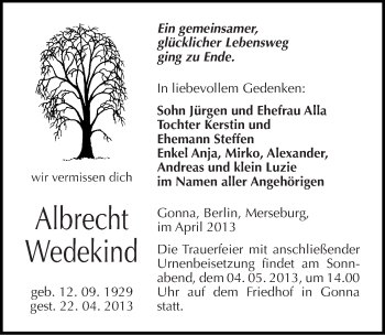 Traueranzeige von Albrecht Wedekind von Mitteldeutsche Zeitung Sangerhausen