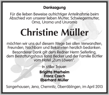 Traueranzeige von Christine Müller von Mitteldeutsche Zeitung Sangerhausen