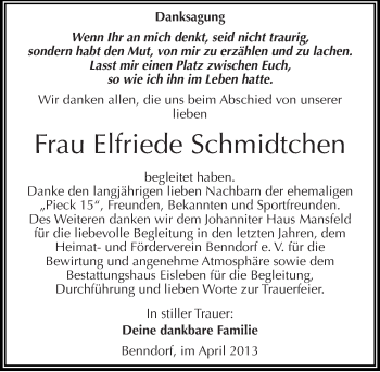 Traueranzeige von Elfriede Schmidtchen von Mitteldeutsche Zeitung Aschersleben