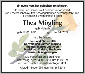 Traueranzeige von Thea Mögling von Mitteldeutsche Zeitung Sangerhausen