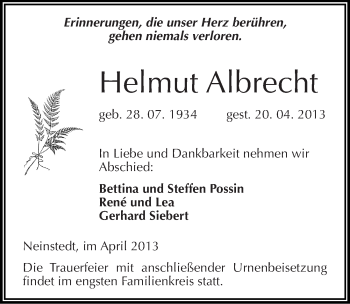 Traueranzeige von Helmut Albrecht von Mitteldeutsche Zeitung Quedlinburg