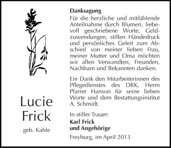 Traueranzeige von Lucie Frick von Mitteldeutsche Zeitung Naumburg/Nebra