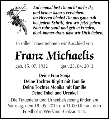 Traueranzeige von Franz Michaelis von Mitteldeutsche Zeitung Köthen
