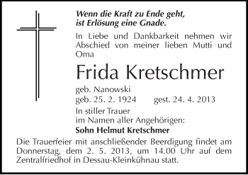Traueranzeige von Frida Kretschmer von Mitteldeutsche Zeitung Dessau-Roßlau