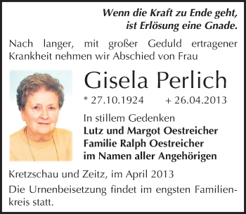 Traueranzeige von Gisela Perlich von Mitteldeutsche Zeitung Zeitz
