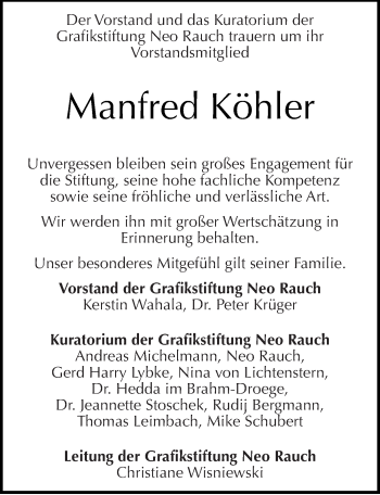 Traueranzeige von Manfred Köhler von Mitteldeutsche Zeitung Halle/Saalkreis