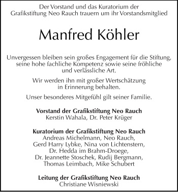 Traueranzeige von Manfred Köhler von Mitteldeutsche Zeitung Aschersleben