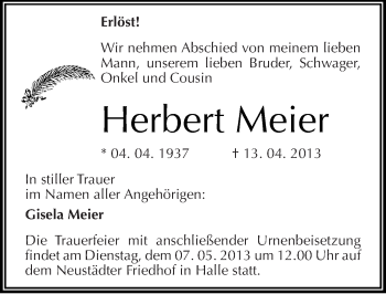 Traueranzeige von Herbert Meier von Mitteldeutsche Zeitung Halle/Saalkreis