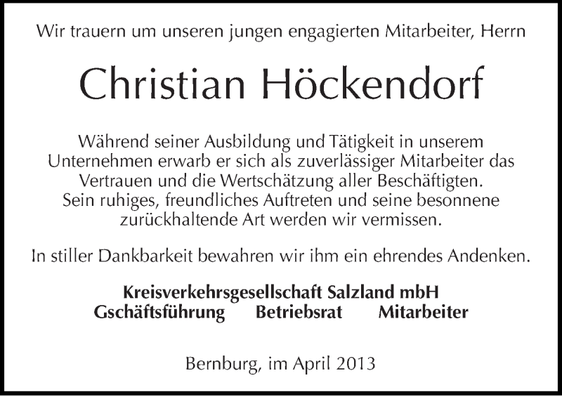  Traueranzeige für Christian Höckendorf vom 30.04.2013 aus Mitteldeutsche Zeitung Bernburg