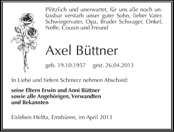 Traueranzeige von Axel Büttner von Mitteldeutsche Zeitung Aschersleben