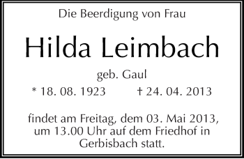 Traueranzeige von Hilda Leimbach von Mitteldeutsche Zeitung Wittenberg