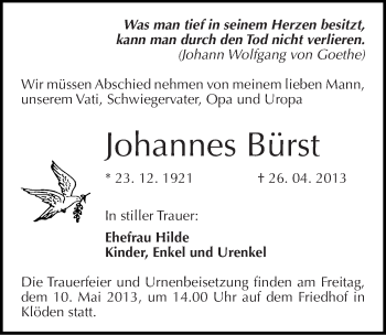 Traueranzeige von Johannes Bürst von Mitteldeutsche Zeitung Wittenberg