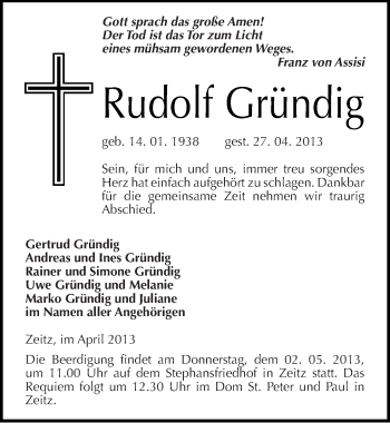 Traueranzeige von Rudolf Gründig von Mitteldeutsche Zeitung Zeitz