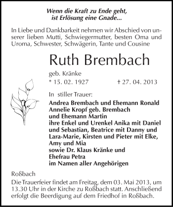Traueranzeige von Ruth Brembach von Mitteldeutsche Zeitung Naumburg/Nebra