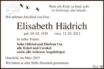 Traueranzeige von Elisabeth Hädrich von Super Sonntag Zeitz