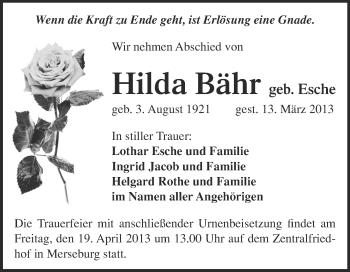 Traueranzeige von Hilda Bähr von WVG - Wochenspiegel Merseburg