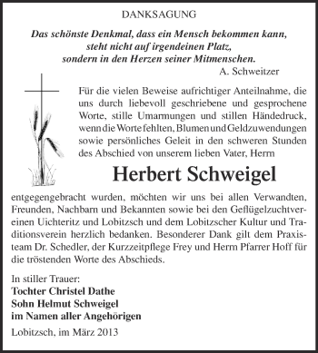 Traueranzeige von Herbert Schweigel von WVG - Wochenspiegel NMB / WSF / ZTZ