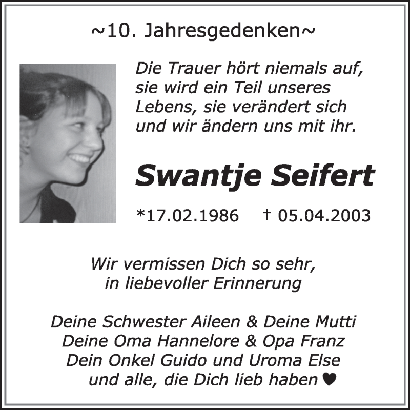  Traueranzeige für Swantje Seifert vom 07.04.2013 aus Super Sonntag Wittenberg
