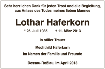 Traueranzeige von Lothar Haferkorn von WVG - Wochenspiegel Dessau / Köthen
