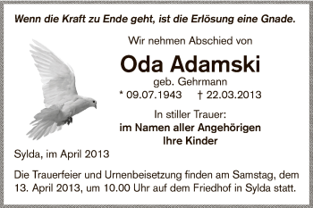 Traueranzeige von Oda Adamski von Wochenspiegel Mansfelder Land