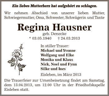 Traueranzeige von Regina Hausner von Wochenspiegel Mansfelder Land