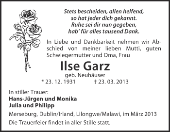 Traueranzeige von Ilse Garz von WVG - Wochenspiegel NMB / WSF / ZTZ