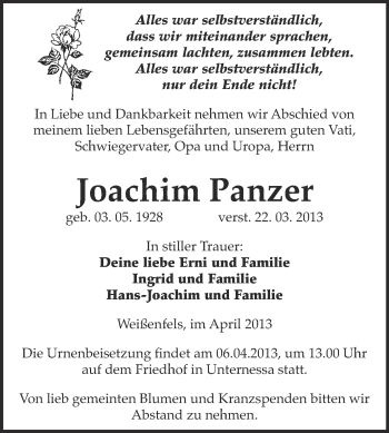 Traueranzeige von Joachim Panzer von WVG - Wochenspiegel NMB / WSF / ZTZ