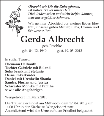 Traueranzeige von Gerda Albrecht von WVG - Wochenspiegel NMB / WSF / ZTZ