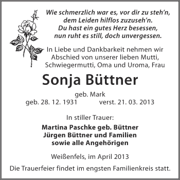 Traueranzeige von Sonja Büttner von WVG - Wochenspiegel NMB / WSF / ZTZ