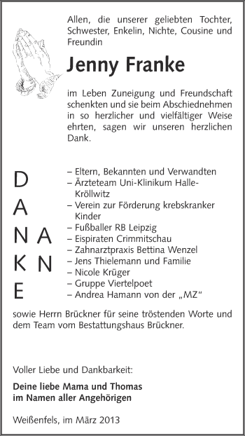 Traueranzeige von Jenny Franke von WVG - Wochenspiegel NMB / WSF / ZTZ