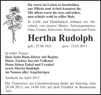 Traueranzeige von Hertha Rudolph von WVG - Wochenspiegel NMB / WSF / ZTZ