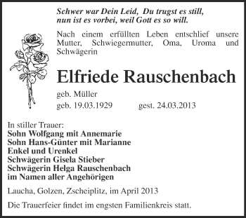 Traueranzeige von Elfriede Rauschenbach von WVG - Wochenspiegel NMB / WSF / ZTZ