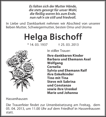 Traueranzeige von Helga Bischoff von WVG - Wochenspiegel NMB / WSF / ZTZ