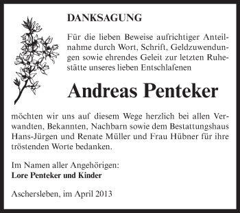 Traueranzeige von Andreas Penteker von WVG - Wochenspiegel Aschersleben
