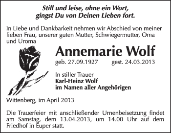Traueranzeige von Annemarie Wolf von WVG - Wochenspiegel Wittenberg
