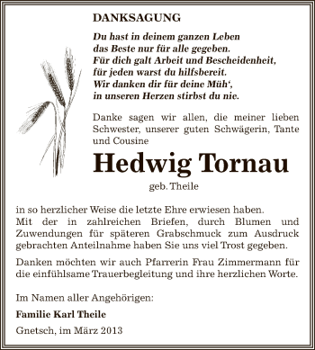 Traueranzeige von Hedwig Tornau von WVG - Wochenspiegel Dessau / Köthen
