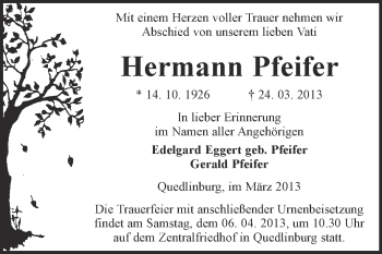 Traueranzeige von Hermann Pfeifer von WVG - Wochenspiegel Quedlinburg