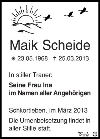 Traueranzeige von Maik Scheide von WVG - Wochenspiegel NMB / WSF / ZTZ
