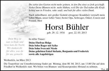 Traueranzeige von Horst Bühler von WVG - Wochenspiegel NMB / WSF / ZTZ